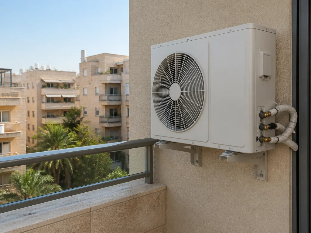 משאבת חום קומפקטית מותקנת על מרפסת בניין ישראלי | Yishay