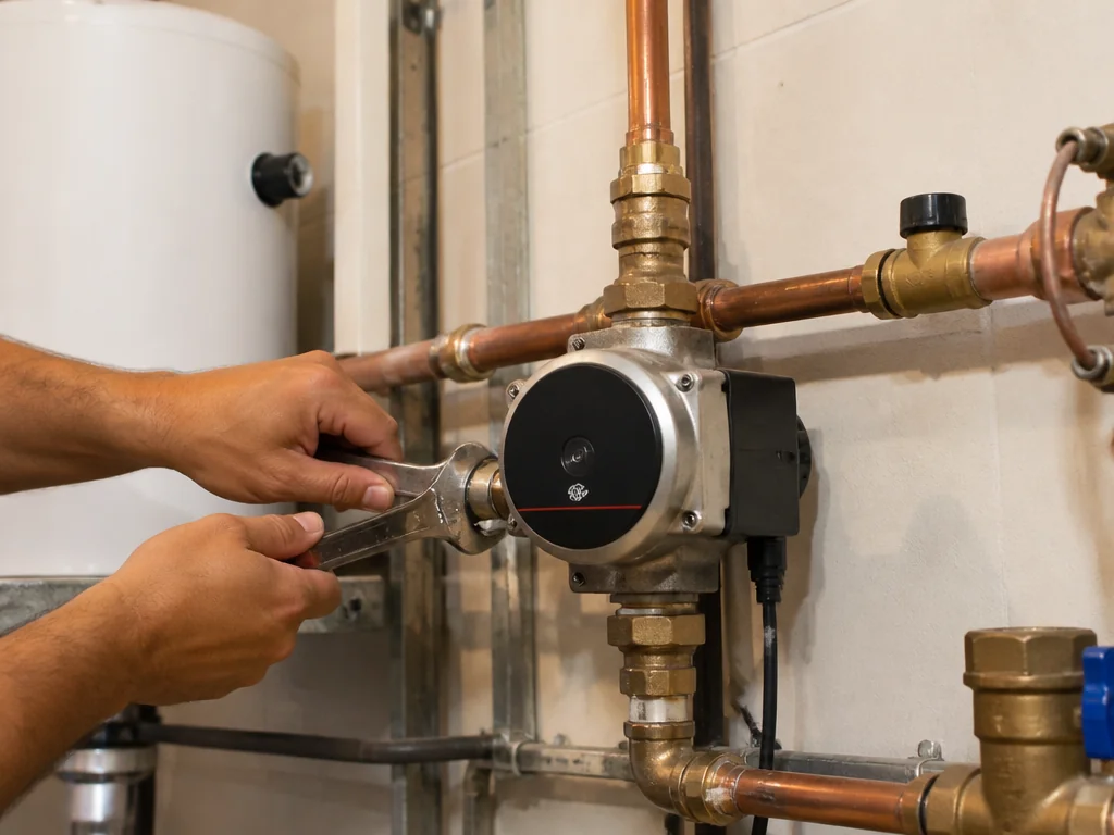 משאבת סחרור Grundfos מותקנת על צנרת נחושת במערכת סולארית בבניין משותף