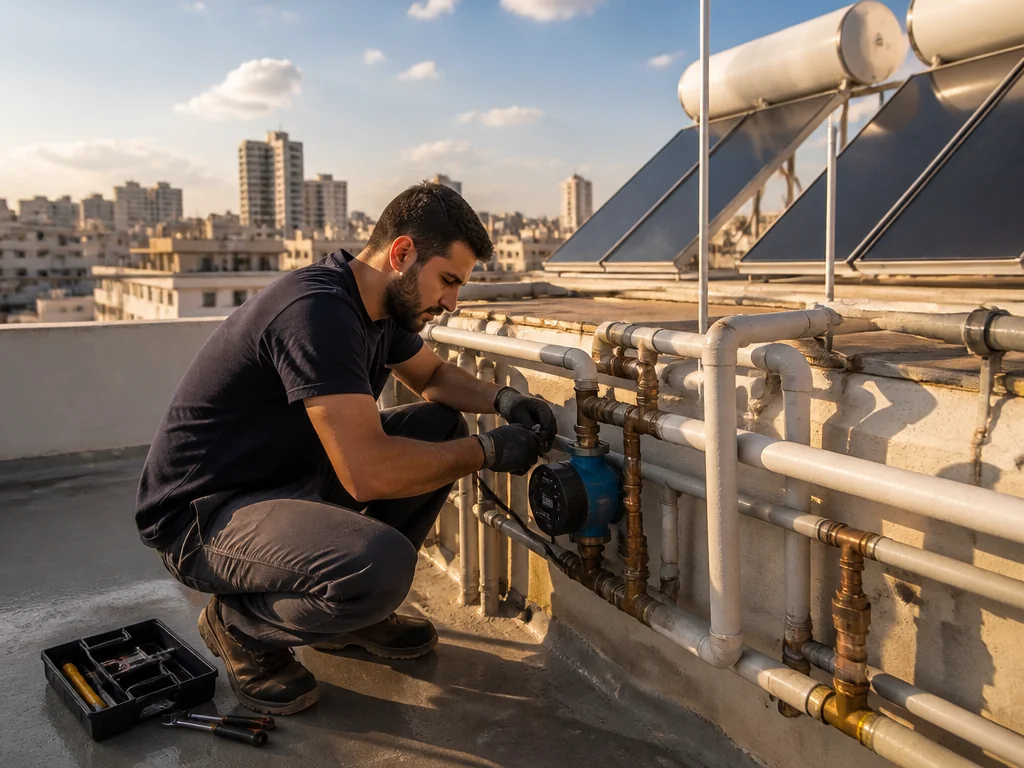 טכנאי מתקין משאבת סחרור מים חמים על גג בניין משותף בישראל