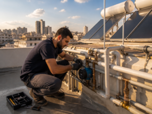 טכנאי מתקין משאבת סחרור מים חמים על גג בניין משותף בישראל