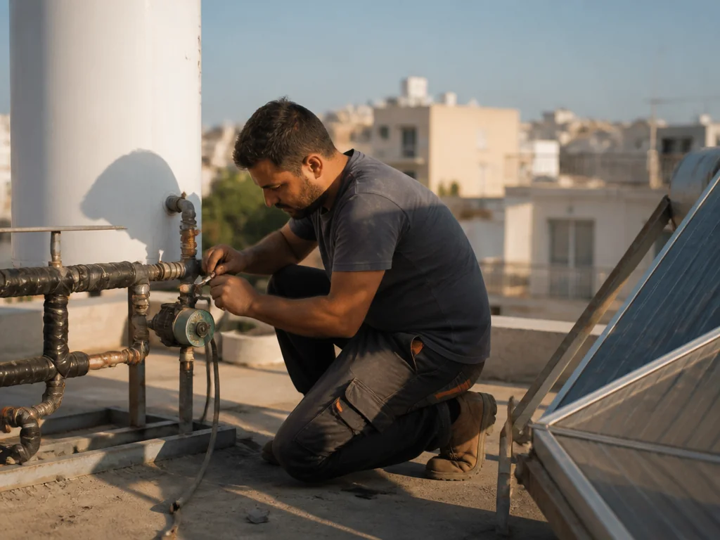טכנאי מתקין משאבת סחרור למים חמים על גג בניין משותף בישראל
