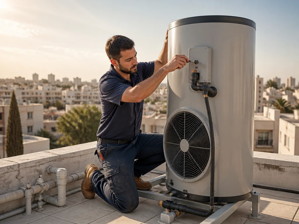 טכנאי מתקין משאבת חום על גג בניין משותף בישראל