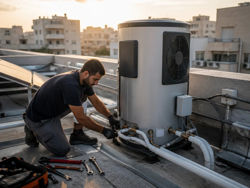 טכנאי מבצע התקנה של משאבת חום על גג בניין מגורים