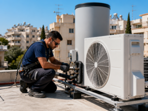טכנאי מבצע תחזוקה למשאבת חום על גג בניין משותף בישראל