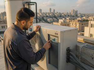 טכנאי בודק לוח בקרה של משאבת חום על גג בניין משותף בישראל