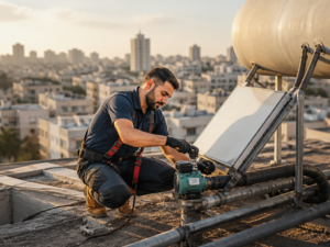 טכנאי בודק משאבת סחרור על גג בניין משותף