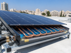 פאנל PVT היברידי על גג ישראלי — חתך מראה תאי PV עם צנרת נחושת תרמית | Yishay