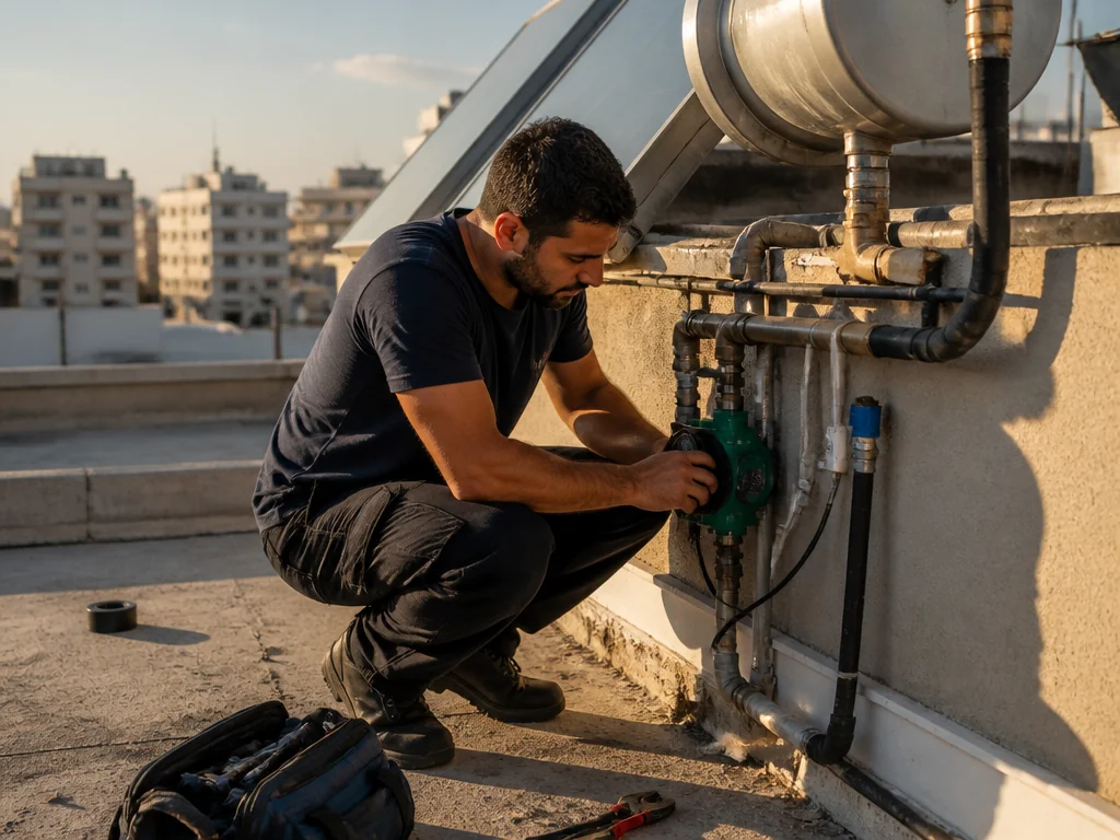 טכנאי מתחזק משאבת סחרור על גג בניין מגורים בישראל