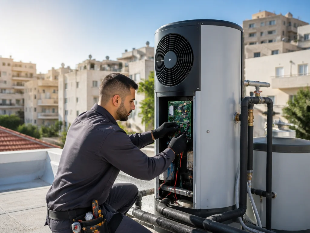 טכנאי מבצע תחזוקת משאבת חום על גג בניין מגורים ישראלי