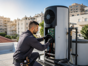 טכנאי מבצע תחזוקת משאבת חום על גג בניין מגורים ישראלי
