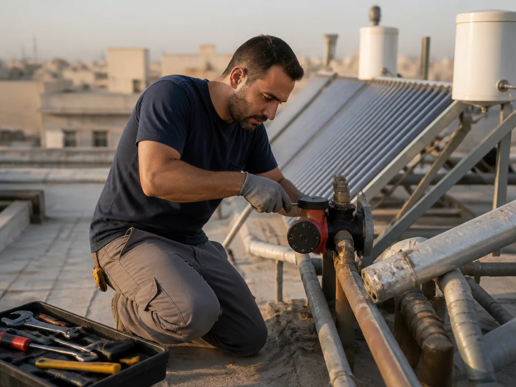 טכנאי משרת משאבת סחרור על גג בניין מגורים משותף