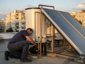 טכנאי משרת משאבת סחרור על גג בניין מגורים בישראל עם מערכת דוד שמש מרכזית
