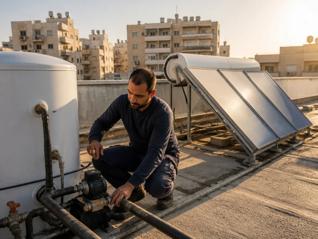 טכנאי בודק מערכת סולארית מרכזית בגג בניין משותף