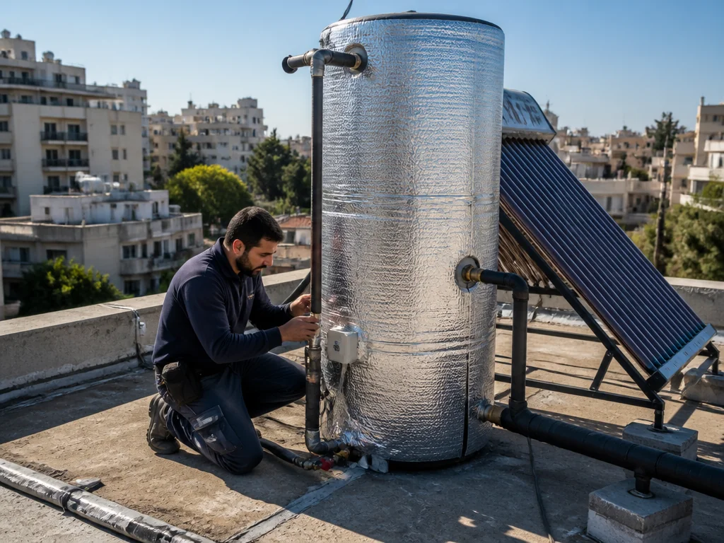 טכנאי מערכת סולארית בגג בניין משותף בישראל