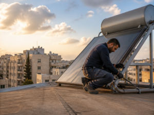 טכנאי מערכת סולארית בגג בניין משותף בבאר יעקב