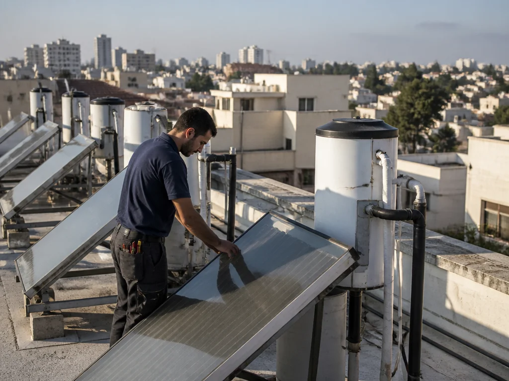 טכנאי מתקין מערכת מים סולארית על גג בניין משותף בישראל