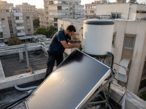 טכנאי מתקין דוד שמש על גג בניין משותף בישראל