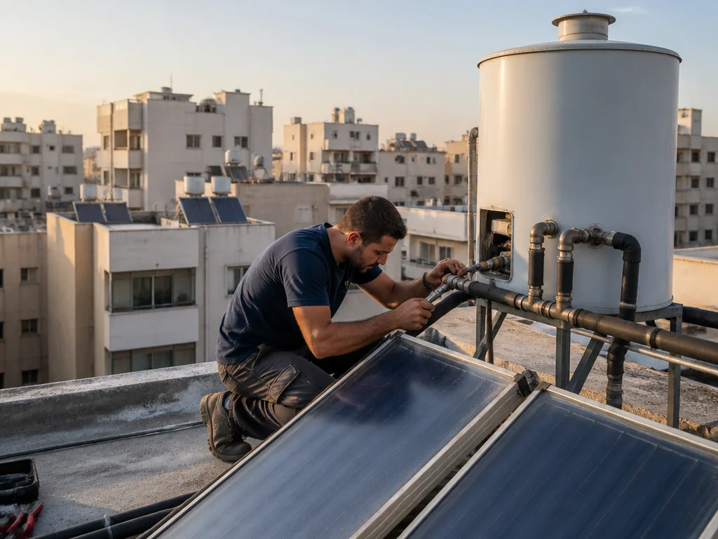 טכנאי מתקן מערכת מים סולארית על גג בניין משותף בישראל
