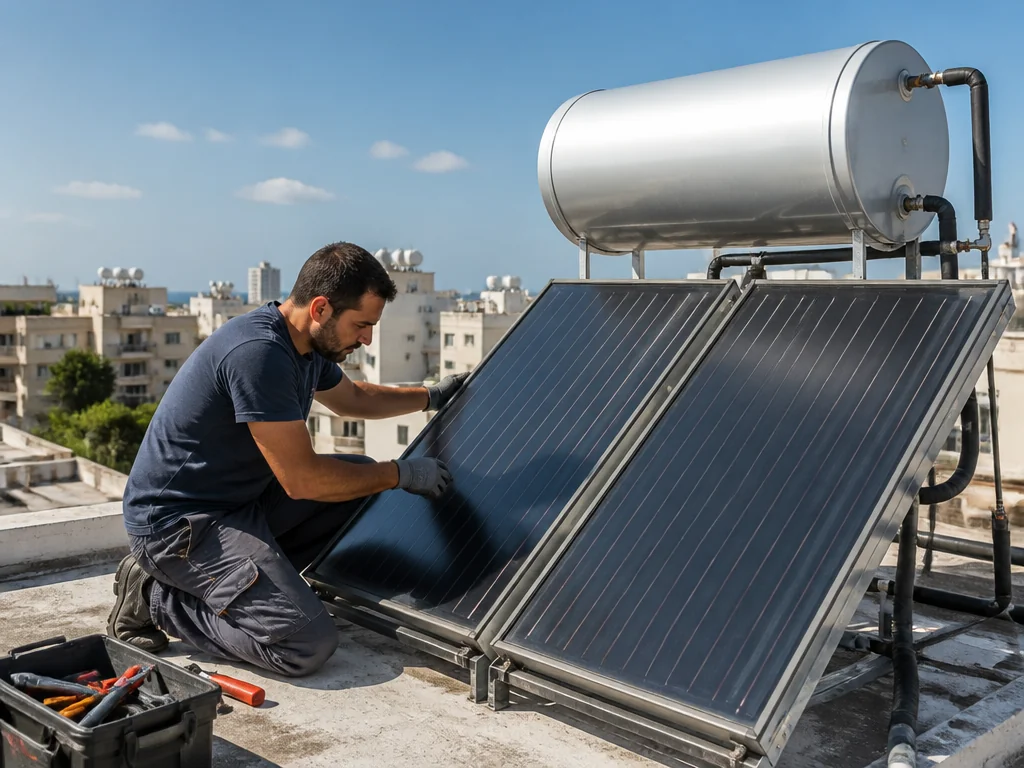 טכנאי מערכת סולארית בגג בניין משותף בקרית עקרון