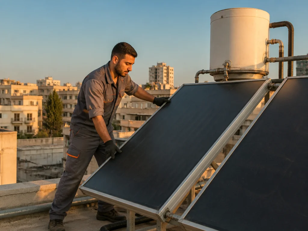 טכנאי מתקין מערכת מים סולארית על גג בניין משותף במרכז הארץ