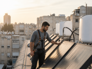 טכנאי מערכת סולארית בגג בניין משותף בקריית אונו