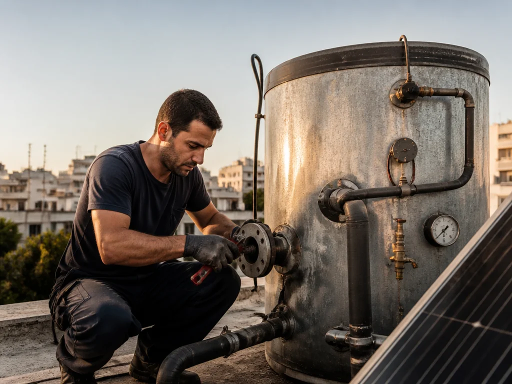 טכנאי מחליף פלאנג במערכת מים סולארית מרכזית על גג בניין משותף