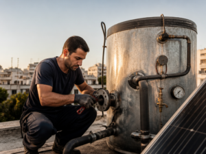 טכנאי מחליף פלאנג במערכת מים סולארית מרכזית על גג בניין משותף