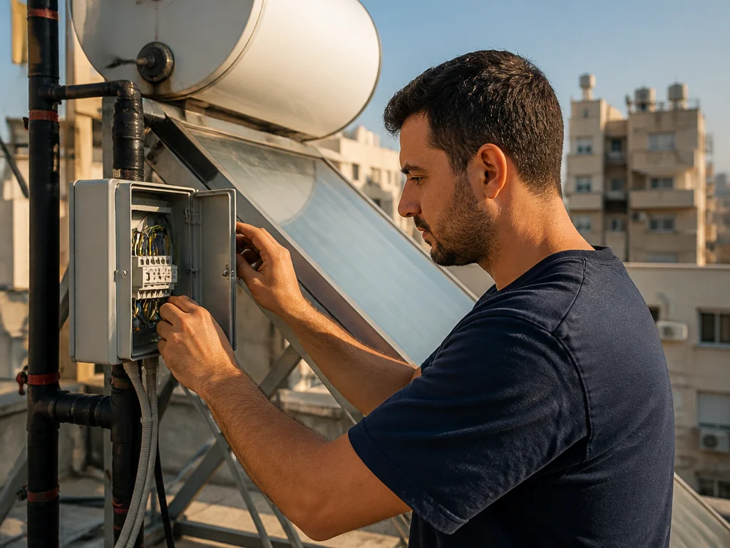 טכנאי בודק תיבת חשמל של דוד שמש על גג בניין משותף בישראל