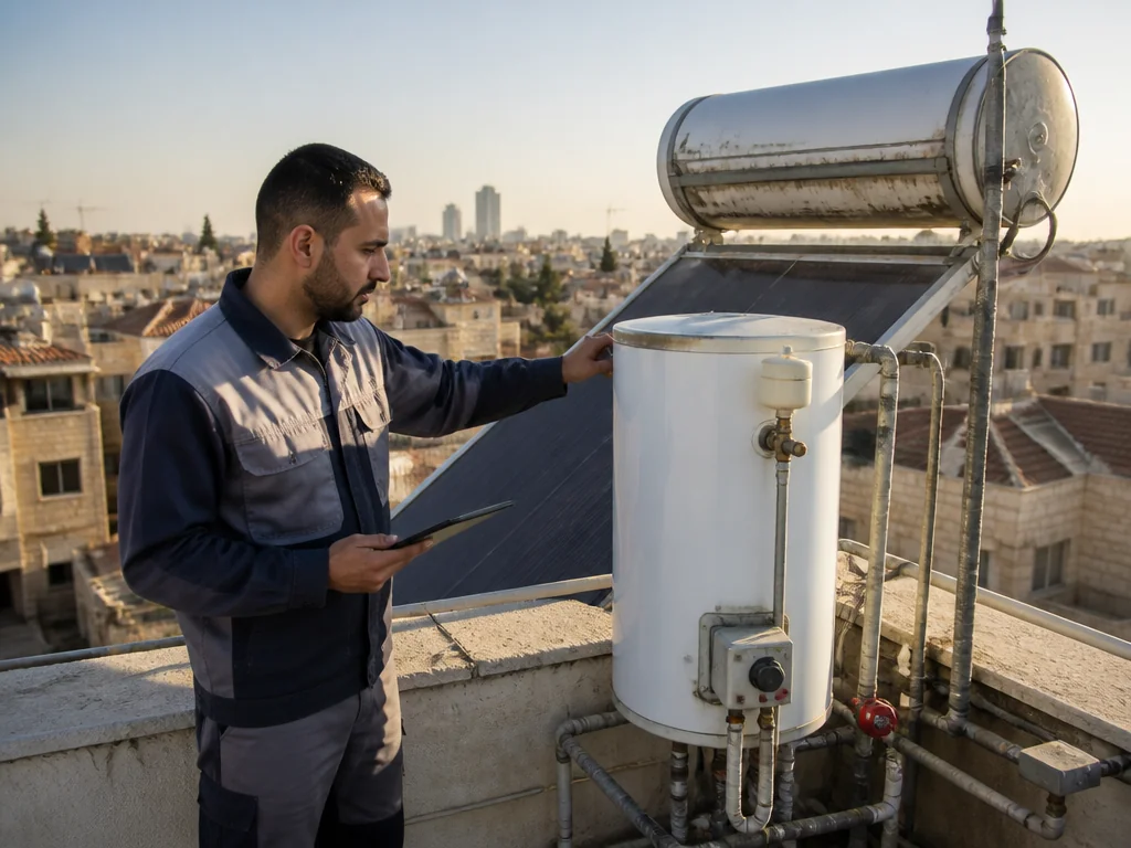 טכנאי בודק דוד חשמל על גג בניין משותף בישראל