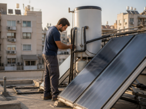 טכנאי מערכות סולאריות בגג בניין משותף בישראל