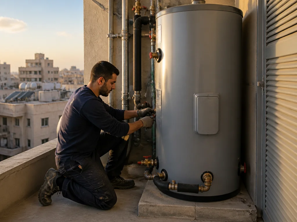 טכנאי מתקין דוד חשמל מרכזי על גג בניין משותף בישראל