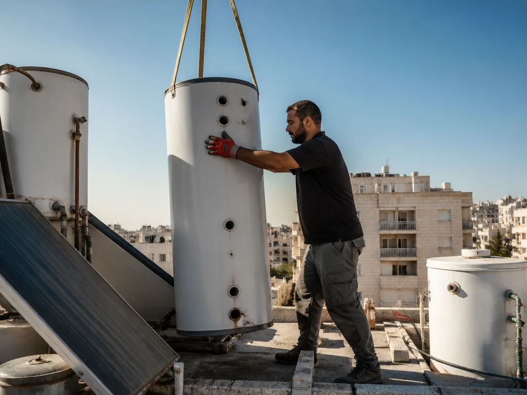 טכנאי מחליף דוד חשמל מרכזי על גג בניין משותף בישראל