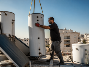טכנאי מחליף דוד חשמל מרכזי על גג בניין משותף בישראל