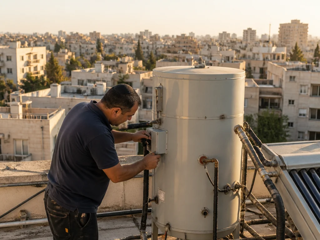 טכנאי בודק דוד חשמל מרכזי על גג בניין משותף בישראל