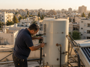 טכנאי בודק דוד חשמל מרכזי על גג בניין משותף בישראל