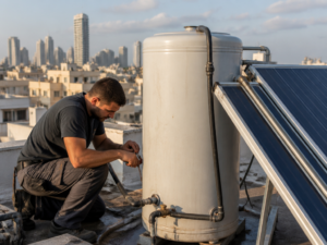 טכנאי מבצע ציפוי אפוקסי לדוד שמש מרכזי בגג בניין משותף בישראל