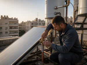 טכנאי בודק שסתום אל חוזר על גג בניין מגורים עם מערכת סולארית