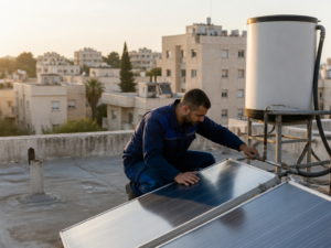 טכנאי מערכת מים סולארית על גג בניין משותף באלעד