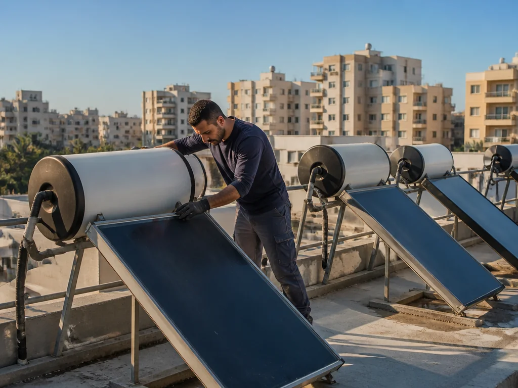 טכנאי מבצע תחזוקה למערכת מים סולארית על גג בניין משותף ישראלי