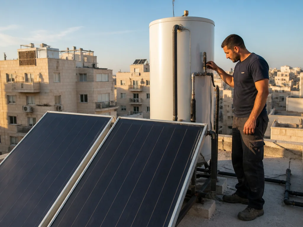 טכנאי מערכות סולאריות בודק מערכת חימום מים על גג בניין משותף בישראל