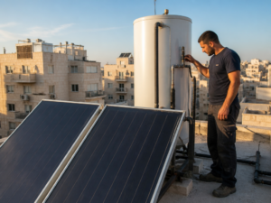 טכנאי מערכות סולאריות בודק מערכת חימום מים על גג בניין משותף בישראל