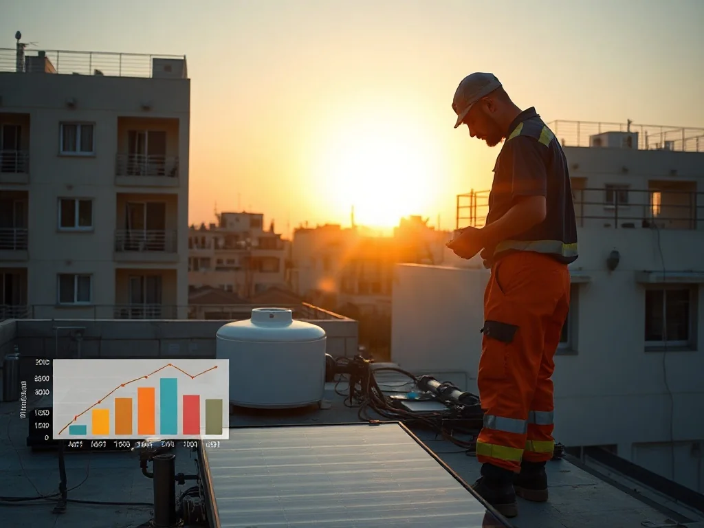 טכנאי מבצע שיקום מערכת מים סולארית על גג בניין משותף בישראל