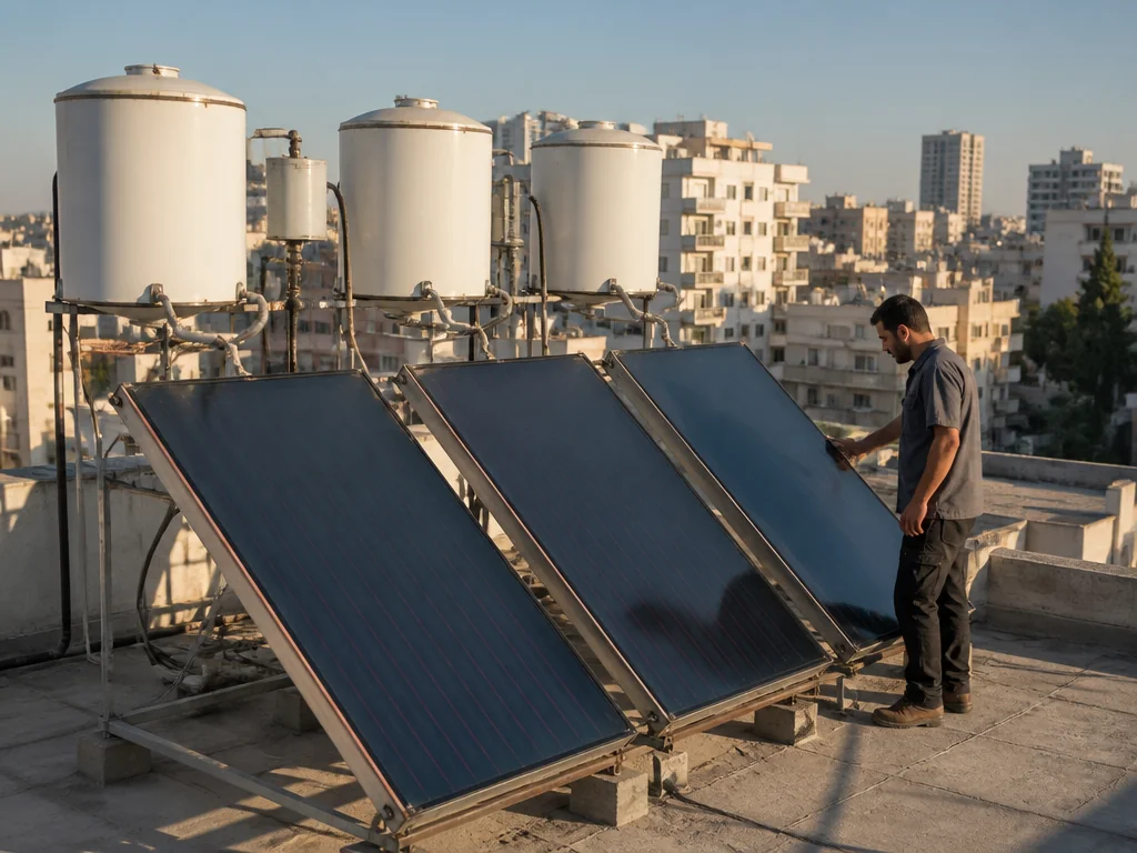 טכנאי מבצע תחזוקה למערכת מים סולארית מרכזית על גג בניין משותף