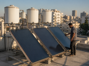טכנאי מבצע תחזוקה למערכת מים סולארית מרכזית על גג בניין משותף