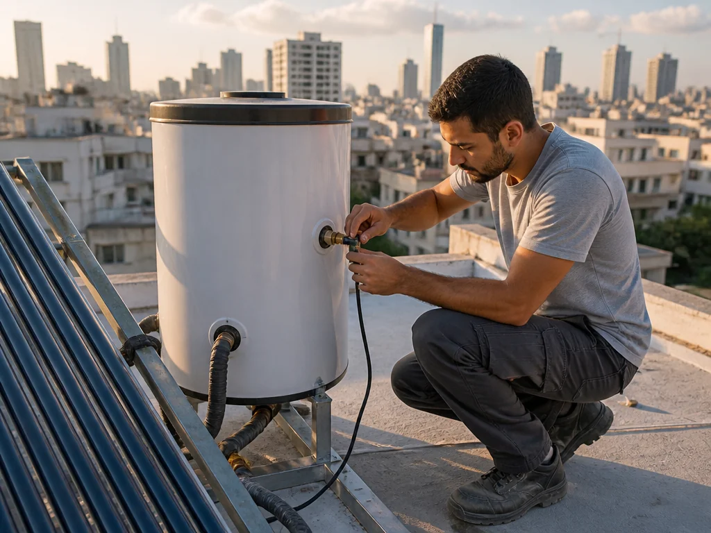 טכנאי בודק מד טמפרטורה על דוד מים סולארי בגג בניין משותף בישראל
