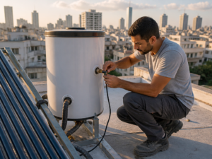 טכנאי בודק מד טמפרטורה על דוד מים סולארי בגג בניין משותף בישראל