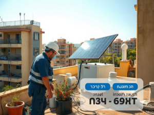 טכנאי מנקה דוד שמש מרכזי על גג בניין משותף בישראל