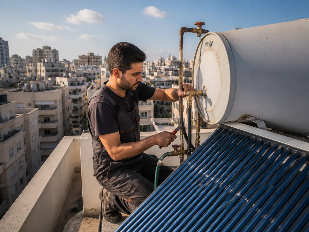 טכנאי מקצועי מבצע תחזוקה לדוד שמש על גג בניין מגורים ישראלי