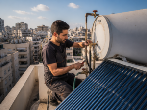 טכנאי מקצועי מבצע תחזוקה לדוד שמש על גג בניין מגורים ישראלי