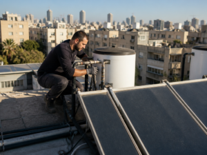 טכנאי מכייל מערכת מים סולארית על גג בניין משותף בישראל